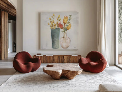 Autumn Greenhouse V by Julia Purinton. Shown as extra-large giant wall art in a modern living room. Available as an archival giclee rolled canvas, fine art paper, or poster print. SKU 70764a.