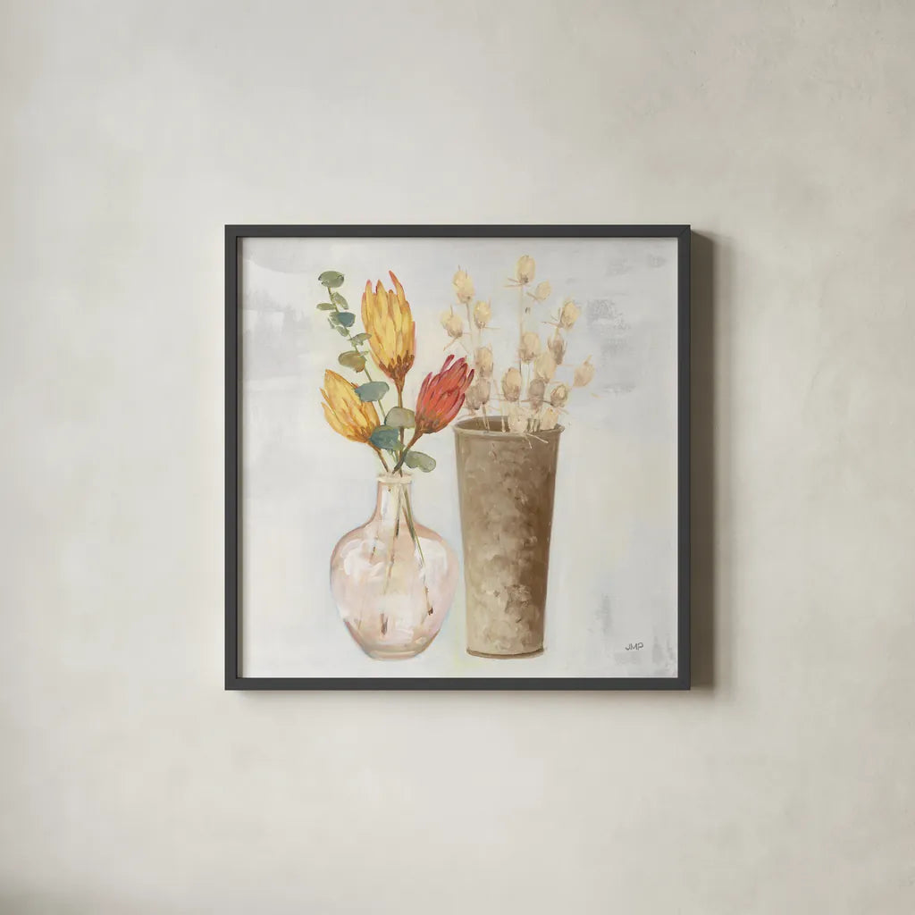 Autumn Greenhouse V Brown by Julia Purinton. Shown in a sleek black glass frame for a contemporary gallery look. Available as an archival giclee rolled canvas, fine art paper, or poster print. SKU 75000a.