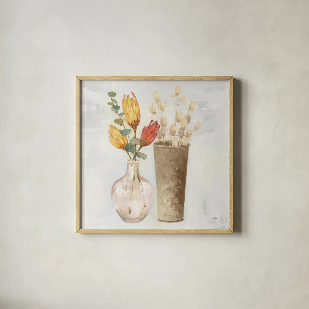Autumn Greenhouse V Brown by Julia Purinton. Shown in a natural wood glass frame for a timeless modern aesthetic. Available as an archival giclee rolled canvas, fine art paper, or poster print. SKU 75000a.
