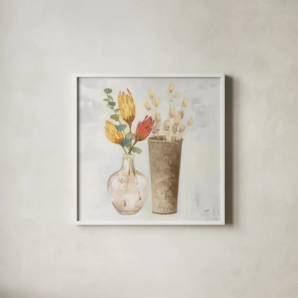 Autumn Greenhouse V Brown by Julia Purinton. Shown in a crisp white glass frame for a clean and minimalist style. Available as an archival giclee rolled canvas, fine art paper, or poster print. SKU 75000a.