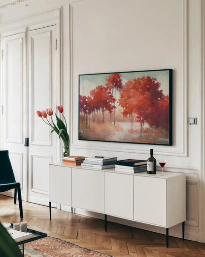 Autumn Lake by Julia Purinton. shown as a framed stretched canvas in a living room above a console. Available as a archival giclee rolled canvas, fine art paper, or poster print. SKU 50233i.