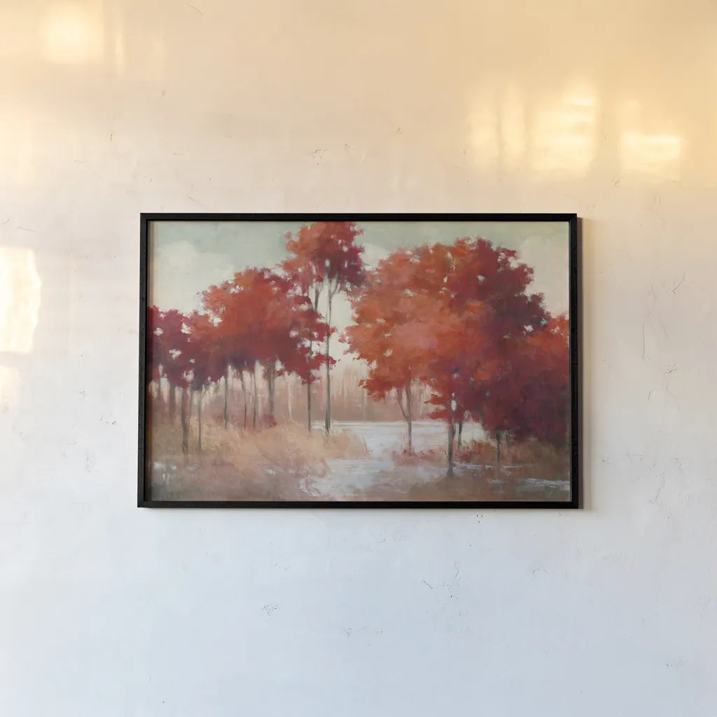 Autumn Lake by Julia Purinton. shown as a paper print in a black flame. Available as a archival giclee rolled canvas, fine art paper, or poster print. SKU 50233i.
