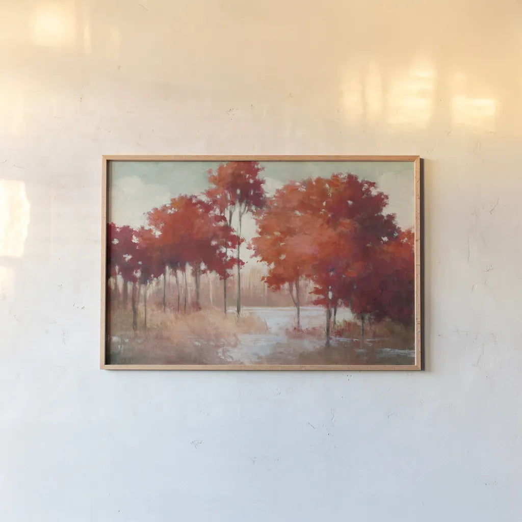 Autumn Lake by Julia Purinton. shown as a paper print in a natural frame. Available as a archival giclee rolled canvas, fine art paper, or poster print. SKU 50233i.
