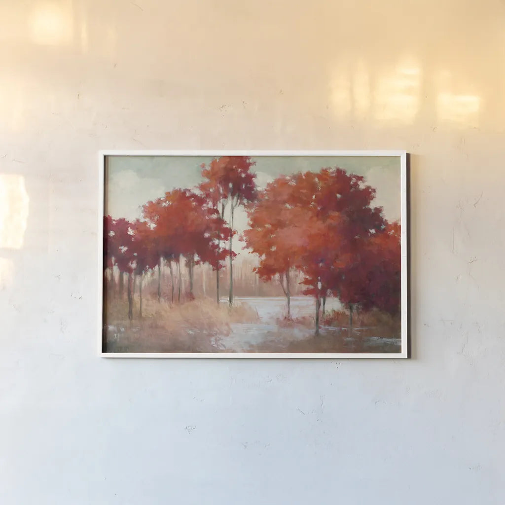 Autumn Lake by Julia Purinton. shown as a paper print in a white frame. Available as a archival giclee rolled canvas, fine art paper, or poster print. SKU 50233i.