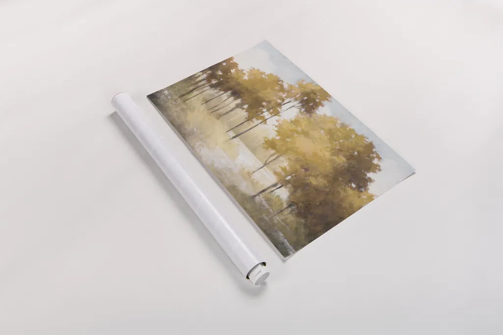 Autumn Lake Gold by Julia Purinton. shown as a rolled paper print. Available as archival giclee rolled canvas, fine art paper, or poster print. SKU 62629i.