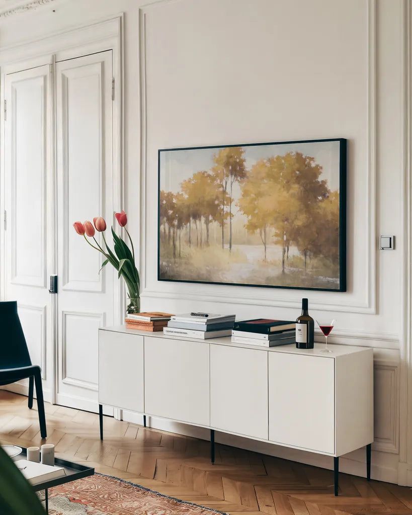 Autumn Lake Gold by Julia Purinton. shown as a framed stretched canvas in a living room above a console. Available as a archival giclee rolled canvas, fine art paper, or poster print. SKU 62629i.