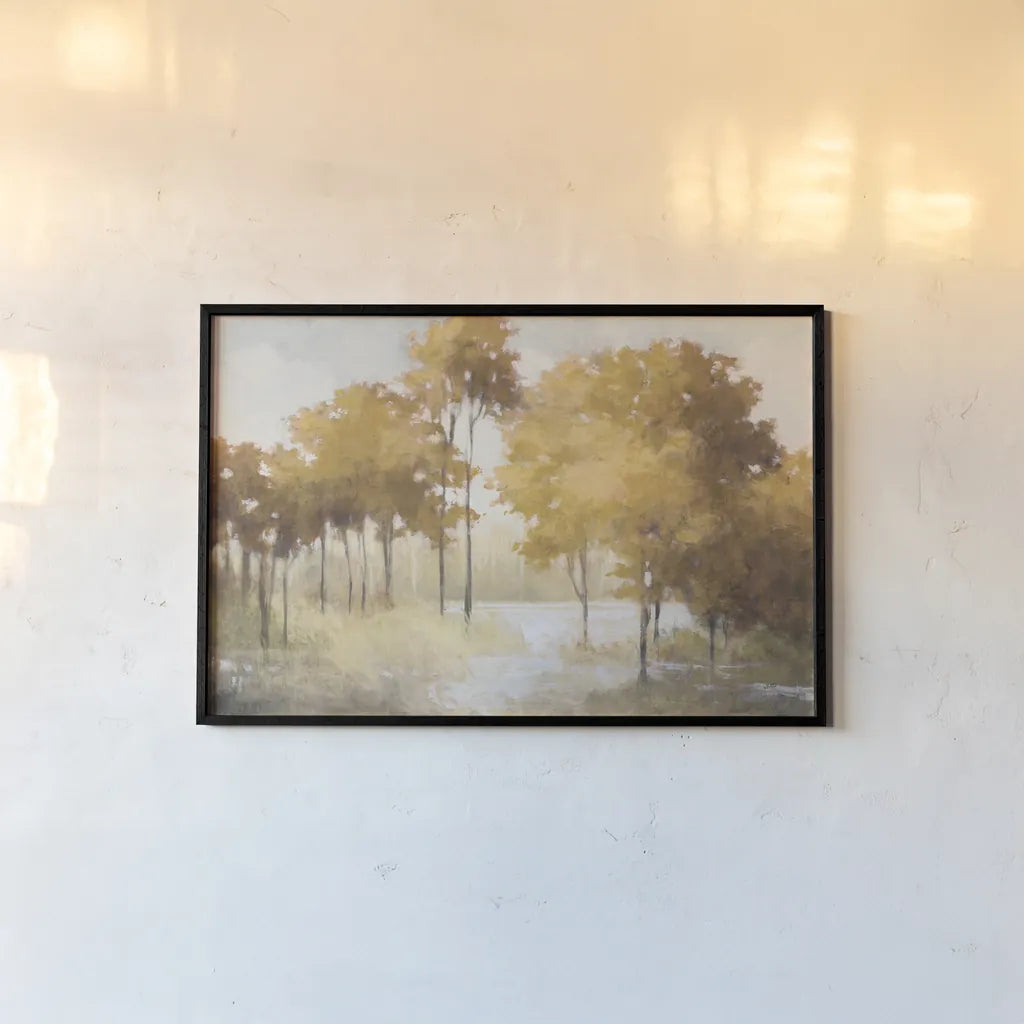 Autumn Lake Gold by Julia Purinton. shown as a paper print in a black flame. Available as a archival giclee rolled canvas, fine art paper, or poster print. SKU 62629i.