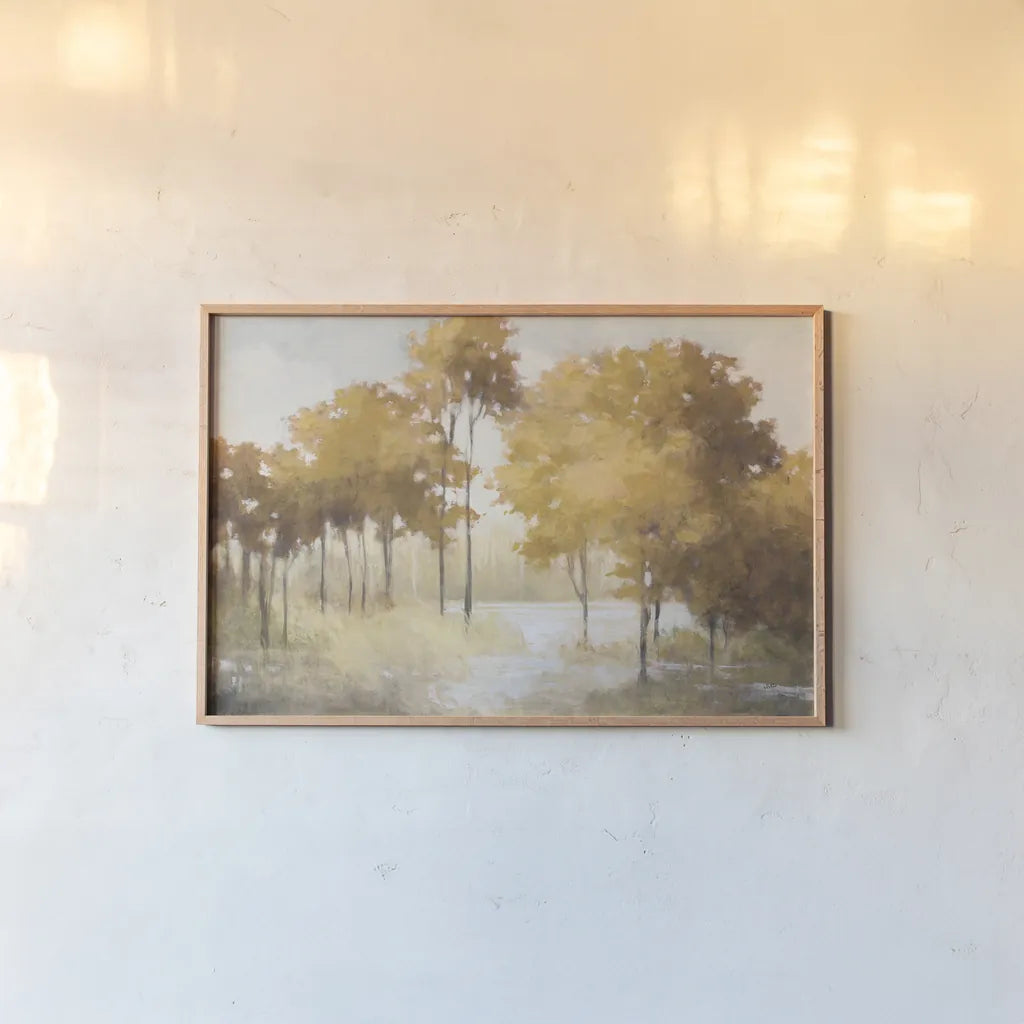 Autumn Lake Gold by Julia Purinton. shown as a paper print in a natural frame. Available as a archival giclee rolled canvas, fine art paper, or poster print. SKU 62629i.