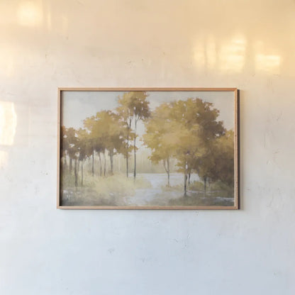 Autumn Lake Gold by Julia Purinton. shown as a paper print in a natural frame. Available as a archival giclee rolled canvas, fine art paper, or poster print. SKU 62629i.