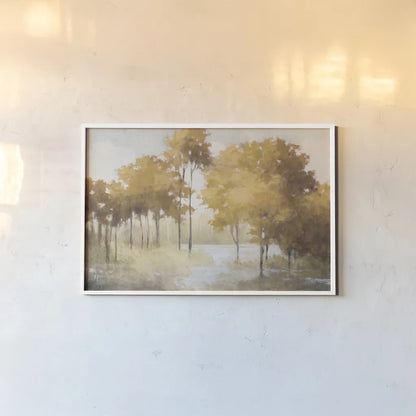 Autumn Lake Gold by Julia Purinton. shown as a paper print in a white frame. Available as a archival giclee rolled canvas, fine art paper, or poster print. SKU 62629i.