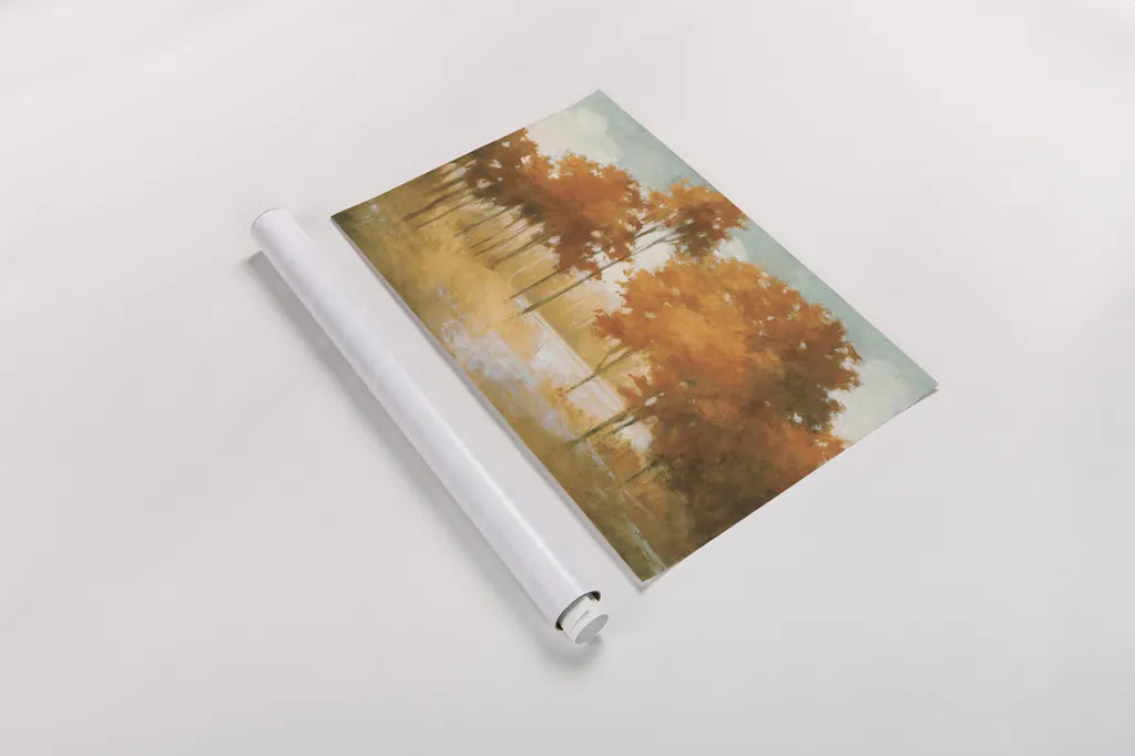 Autumn Lake Orange by Julia Purinton. shown as a rolled paper print. Available as archival giclee rolled canvas, fine art paper, or poster print. SKU 68782i.