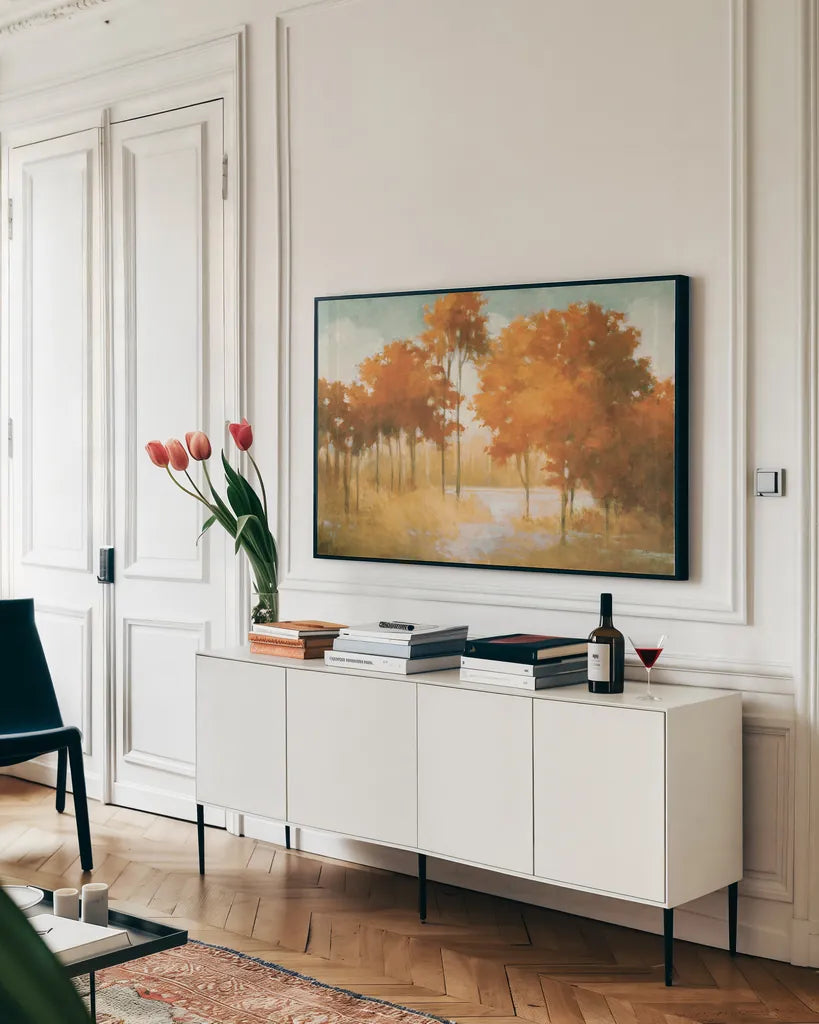Autumn Lake Orange by Julia Purinton. shown as a framed stretched canvas in a living room above a console. Available as a archival giclee rolled canvas, fine art paper, or poster print. SKU 68782i.