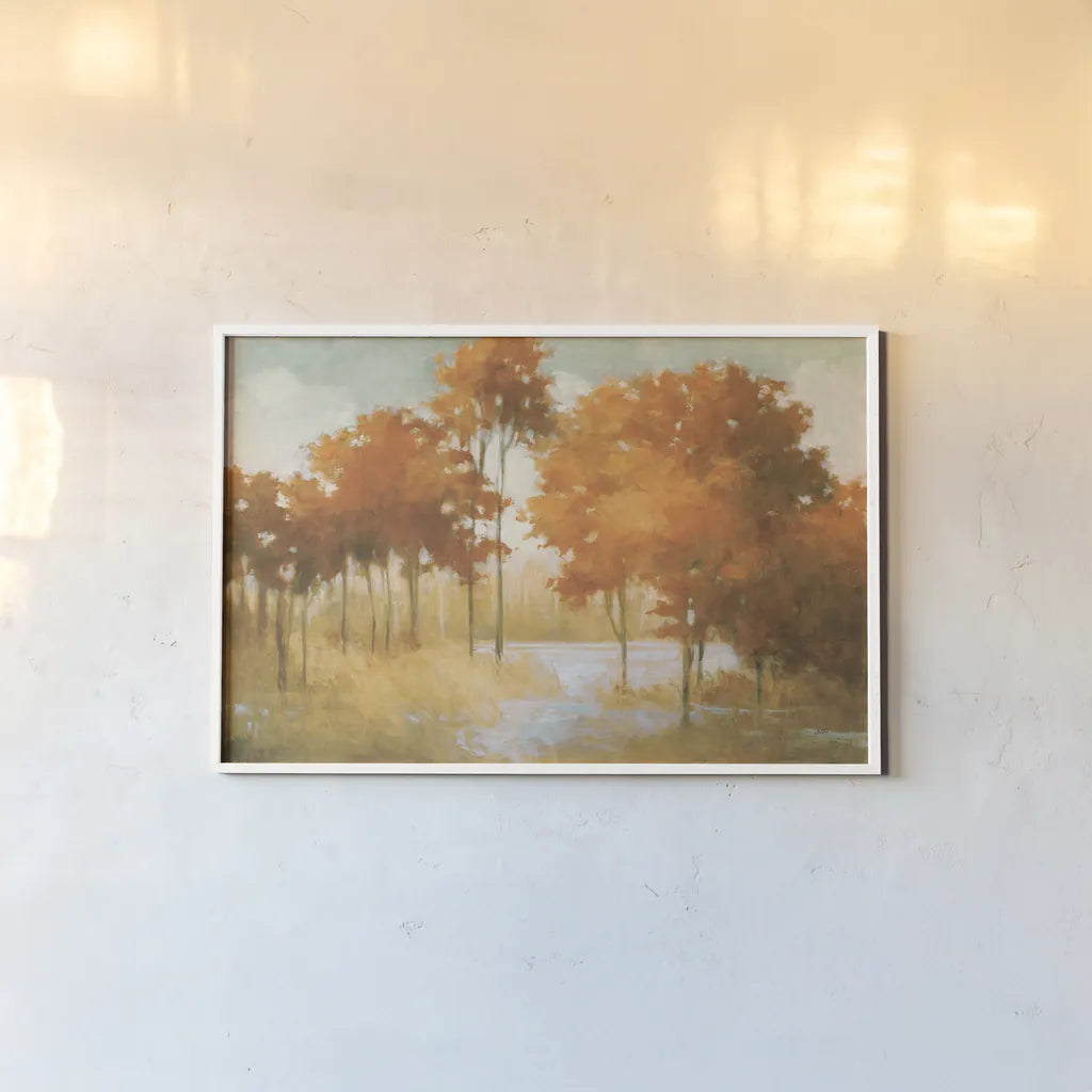 Autumn Lake Orange by Julia Purinton. shown as a paper print in a white frame. Available as a archival giclee rolled canvas, fine art paper, or poster print. SKU 68782i.