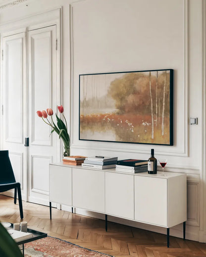 Autumn Midst by Julia Purinton. shown as a framed stretched canvas in a living room above a console. Available as a archival giclee rolled canvas, fine art paper, or poster print. SKU 30461i.