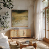 Autumn Reflection by Julia Purinton. Shown in a natural wood frame in a cozy modern living room. Available as an archival giclee rolled canvas, fine art paper, or poster print. SKU 71916a.