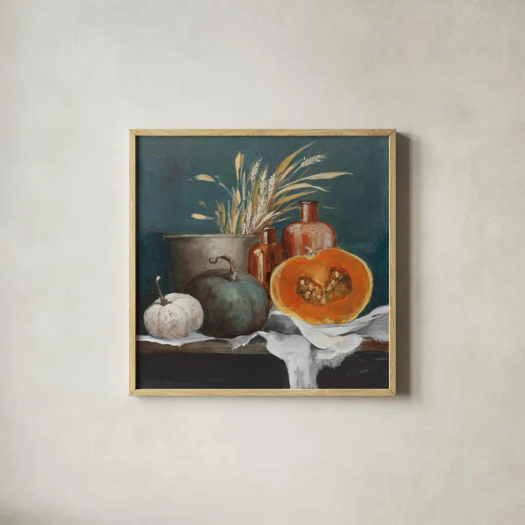 Autumn Still Life by Julia Purinton. Shown in a natural wood glass frame for a timeless modern aesthetic. Available as an archival giclee rolled canvas, fine art paper, or poster print. SKU 87344a.