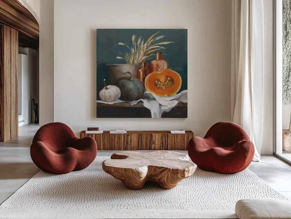 Autumn Still Life by Julia Purinton. Shown as extra-large giant wall art in a modern living room. Available as an archival giclee rolled canvas, fine art paper, or poster print. SKU 87344a.