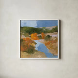 Autumn in the West Sq by Julia Purinton. Shown in a crisp white glass frame for a clean and minimalist style. Available as an archival giclee rolled canvas, fine art paper, or poster print. SKU 65154a.