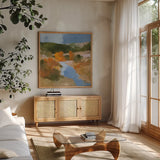 Autumn in the West Sq by Julia Purinton. Shown in a natural wood frame in a cozy modern living room. Available as an archival giclee rolled canvas, fine art paper, or poster print. SKU 65154a.