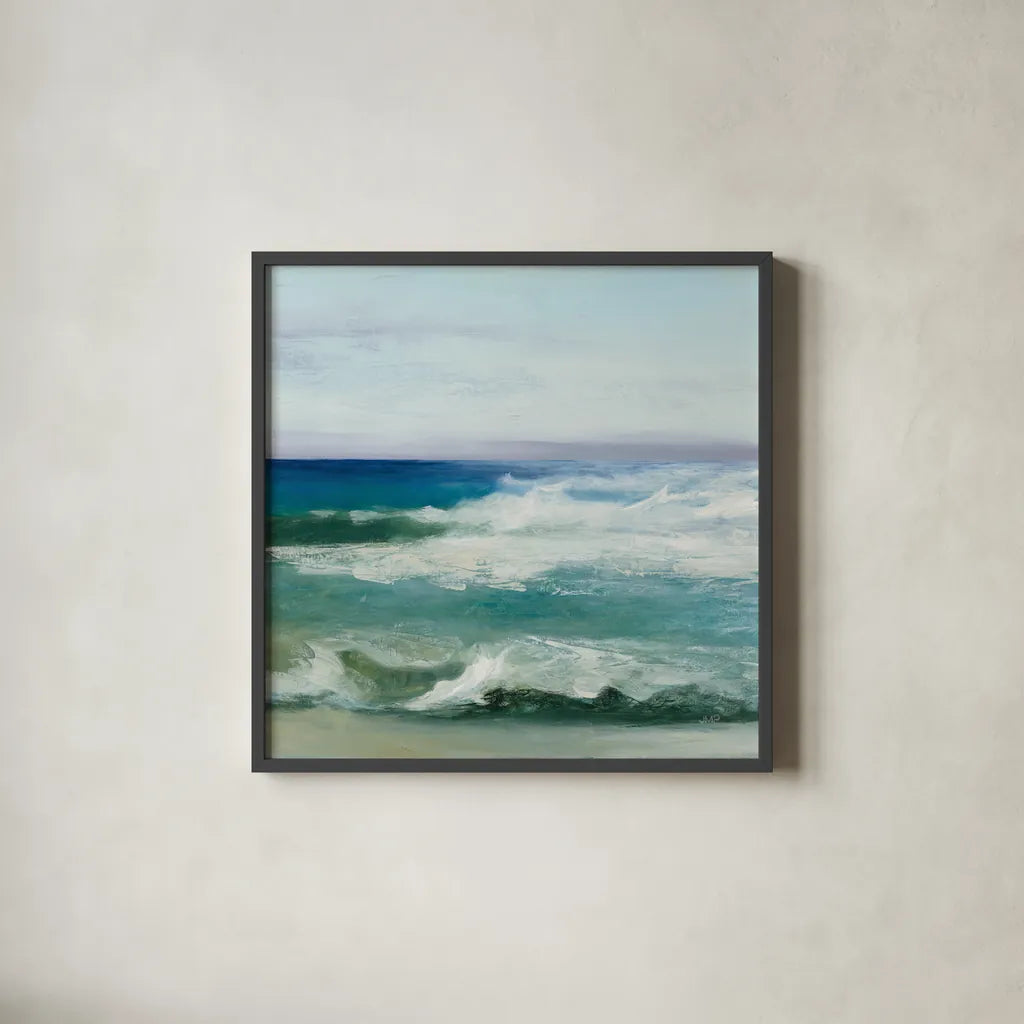 Azure Ocean by Julia Purinton. Shown in a sleek black glass frame for a contemporary gallery look. Available as an archival giclee rolled canvas, fine art paper, or poster print. SKU 34631a.