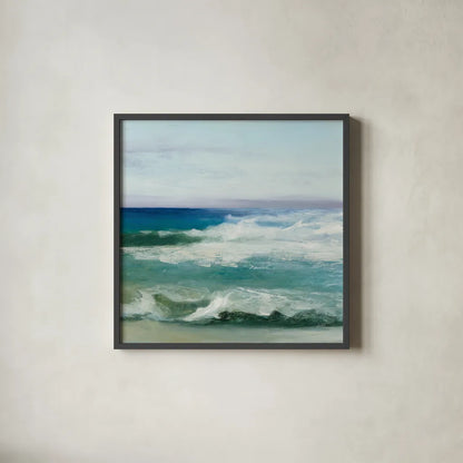 Azure Ocean by Julia Purinton. Shown in a sleek black glass frame for a contemporary gallery look. Available as an archival giclee rolled canvas, fine art paper, or poster print. SKU 34631a.