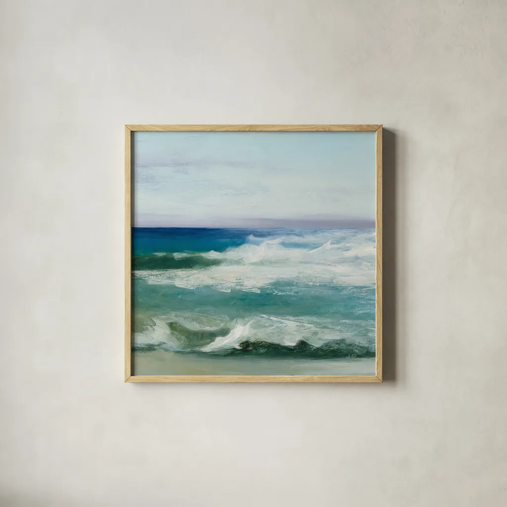 Azure Ocean by Julia Purinton. Shown in a natural wood glass frame for a timeless modern aesthetic. Available as an archival giclee rolled canvas, fine art paper, or poster print. SKU 34631a.