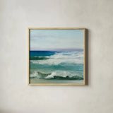 Azure Ocean by Julia Purinton. Shown in a natural wood glass frame for a timeless modern aesthetic. Available as an archival giclee rolled canvas, fine art paper, or poster print. SKU 34631a.