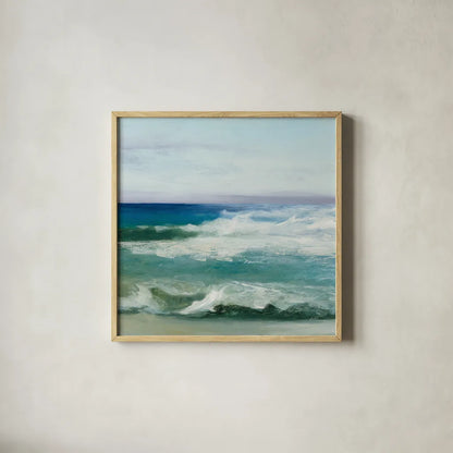 Azure Ocean by Julia Purinton. Shown in a natural wood glass frame for a timeless modern aesthetic. Available as an archival giclee rolled canvas, fine art paper, or poster print. SKU 34631a.