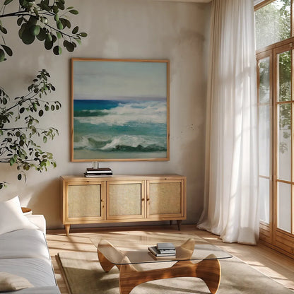 Azure Ocean by Julia Purinton. Shown in a natural wood frame in a cozy modern living room. Available as an archival giclee rolled canvas, fine art paper, or poster print. SKU 34631a.