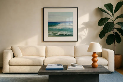 Azure Ocean by Julia Purinton. Displayed in a glass frame with matte in a clean modern living room. Available as an archival giclee rolled canvas, fine art paper, or poster print. SKU 34631a.