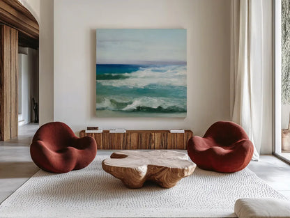 Azure Ocean by Julia Purinton. Shown as extra-large giant wall art in a modern living room. Available as an archival giclee rolled canvas, fine art paper, or poster print. SKU 34631a.