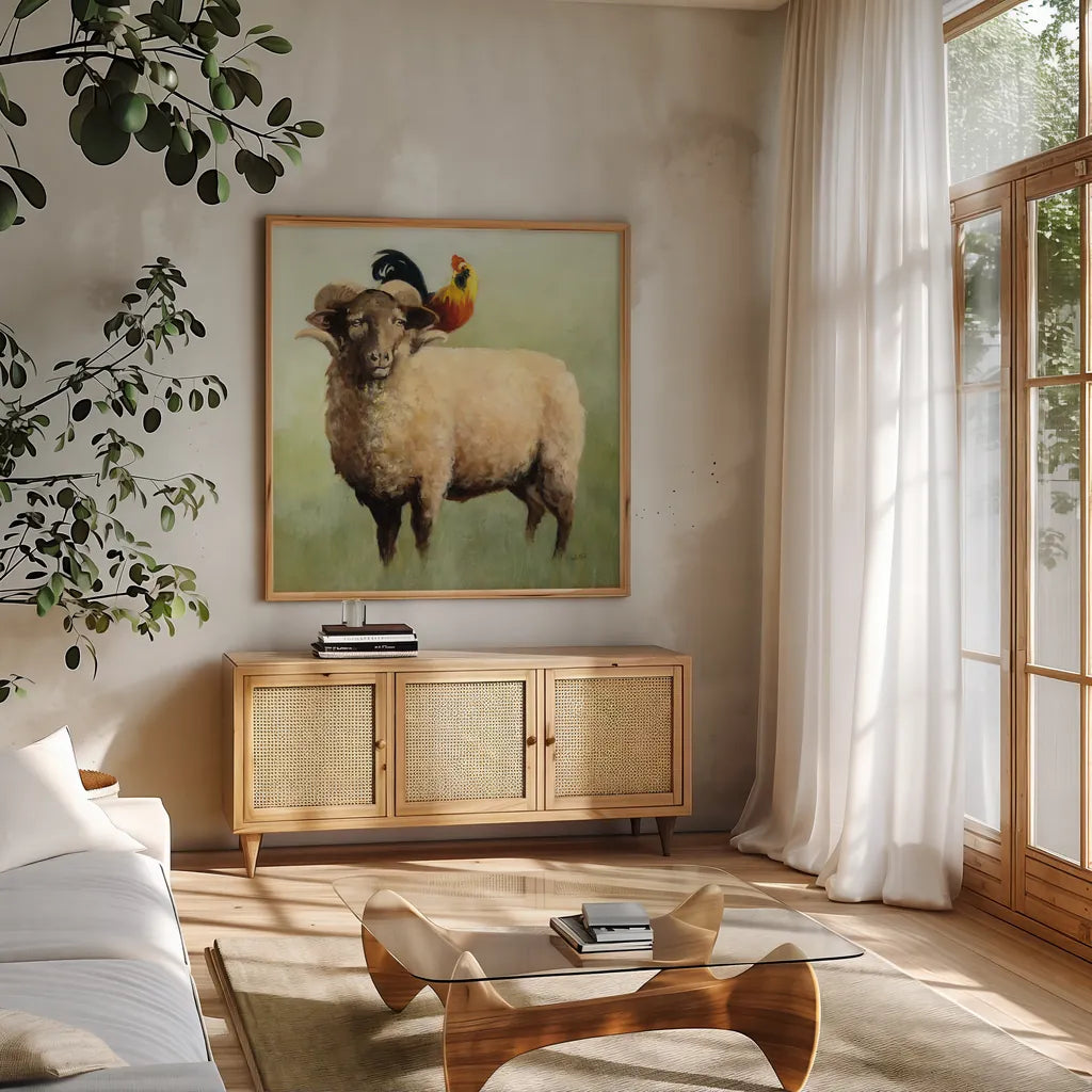 BFF I Crop by Julia Purinton. Shown in a natural wood frame in a cozy modern living room. Available as an archival giclee rolled canvas, fine art paper, or poster print. SKU 36178a.