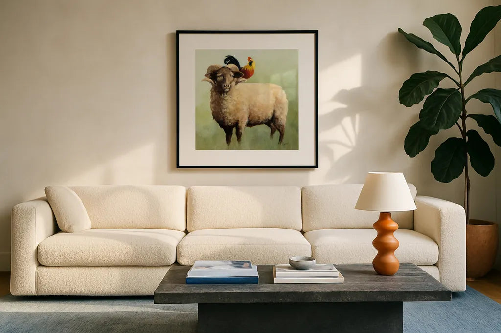 BFF I Crop by Julia Purinton. Displayed in a glass frame with matte in a clean modern living room. Available as an archival giclee rolled canvas, fine art paper, or poster print. SKU 36178a.