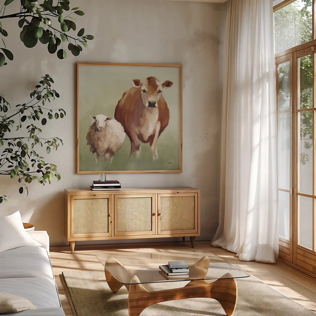 BFF II Light by Julia Purinton. Shown in a natural wood frame in a cozy modern living room. Available as an archival giclee rolled canvas, fine art paper, or poster print. SKU 89472a.