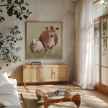 BFF II Light by Julia Purinton. Shown in a natural wood frame in a cozy modern living room. Available as an archival giclee rolled canvas, fine art paper, or poster print. SKU 89472a.