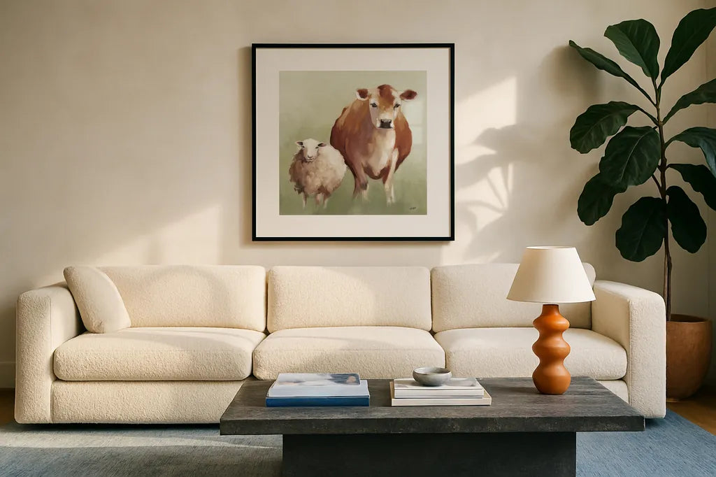 BFF II Light by Julia Purinton. Displayed in a glass frame with matte in a clean modern living room. Available as an archival giclee rolled canvas, fine art paper, or poster print. SKU 89472a.