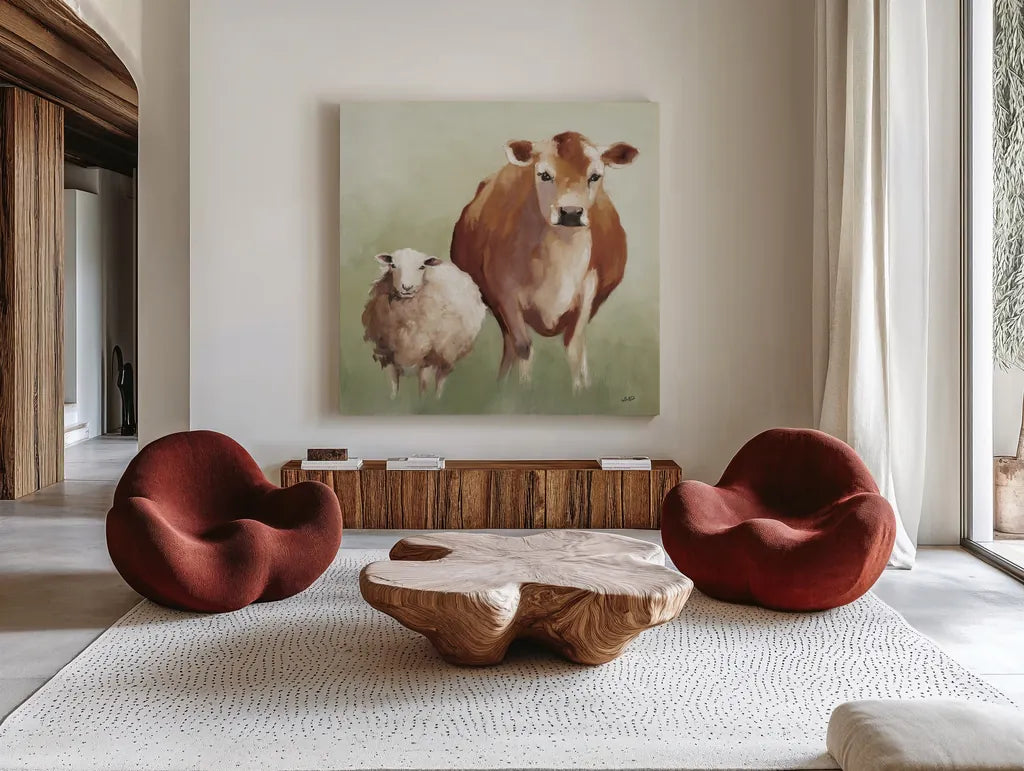 BFF II Light by Julia Purinton. Shown as extra-large giant wall art in a modern living room. Available as an archival giclee rolled canvas, fine art paper, or poster print. SKU 89472a.