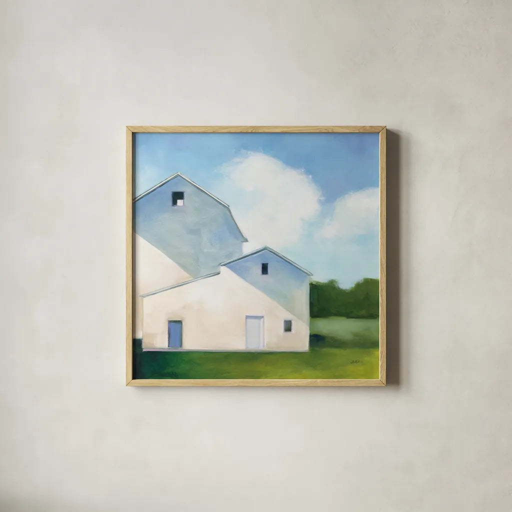 Barn Shadows by Julia Purinton. Shown in a natural wood glass frame for a timeless modern aesthetic. Available as an archival giclee rolled canvas, fine art paper, or poster print. SKU 78368a.