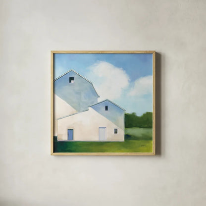 Barn Shadows by Julia Purinton. Shown in a natural wood glass frame for a timeless modern aesthetic. Available as an archival giclee rolled canvas, fine art paper, or poster print. SKU 78368a.