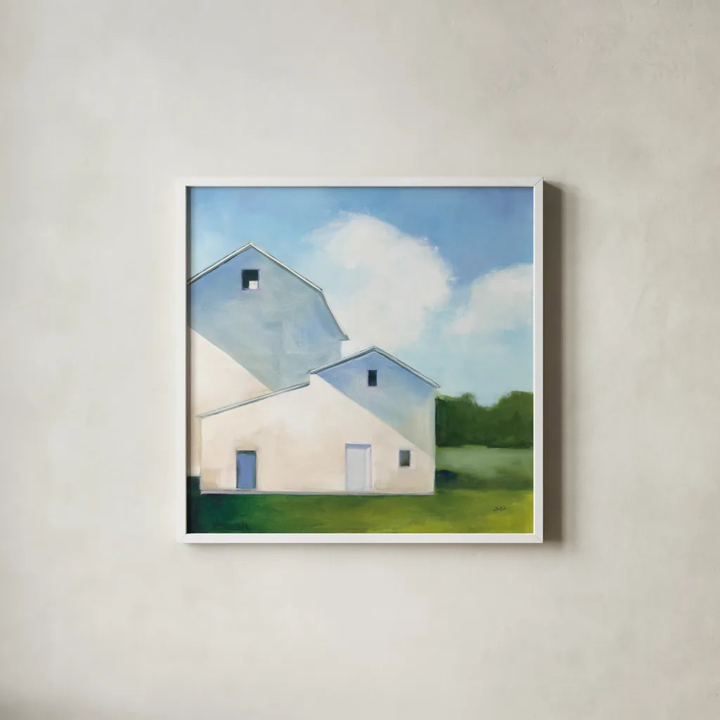Barn Shadows by Julia Purinton. Shown in a crisp white glass frame for a clean and minimalist style. Available as an archival giclee rolled canvas, fine art paper, or poster print. SKU 78368a.