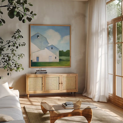 Barn Shadows by Julia Purinton. Shown in a natural wood frame in a cozy modern living room. Available as an archival giclee rolled canvas, fine art paper, or poster print. SKU 78368a.