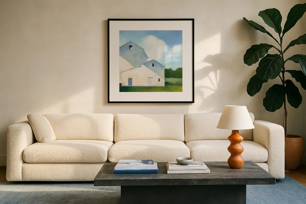 Barn Shadows by Julia Purinton. Displayed in a glass frame with matte in a clean modern living room. Available as an archival giclee rolled canvas, fine art paper, or poster print. SKU 78368a.