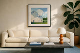 Barn Shadows by Julia Purinton. Displayed in a glass frame with matte in a clean modern living room. Available as an archival giclee rolled canvas, fine art paper, or poster print. SKU 78368a.