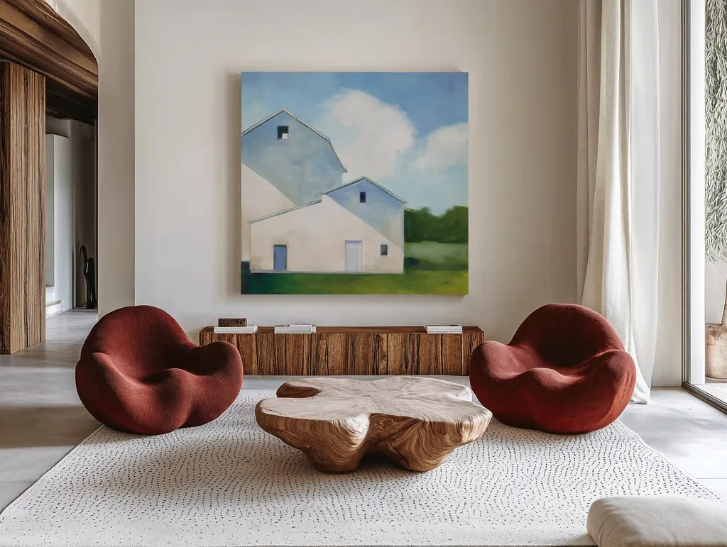 Barn Shadows by Julia Purinton. Shown as extra-large giant wall art in a modern living room. Available as an archival giclee rolled canvas, fine art paper, or poster print. SKU 78368a.