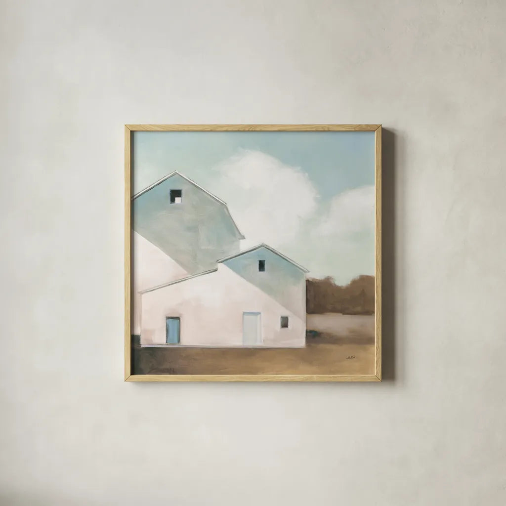 Barn Shadows Neutral by Julia Purinton. Shown in a natural wood glass frame for a timeless modern aesthetic. Available as an archival giclee rolled canvas, fine art paper, or poster print. SKU 78757a.