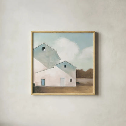 Barn Shadows Neutral by Julia Purinton. Shown in a natural wood glass frame for a timeless modern aesthetic. Available as an archival giclee rolled canvas, fine art paper, or poster print. SKU 78757a.