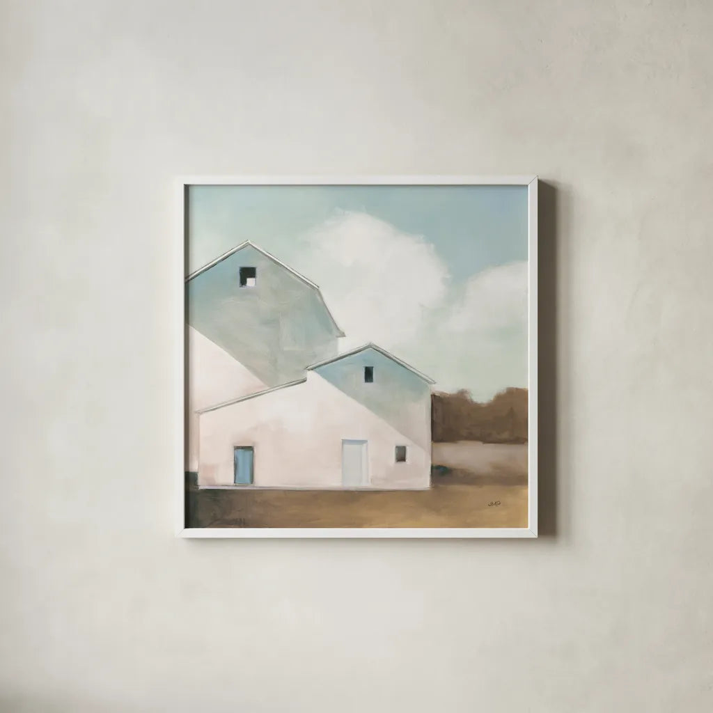 Barn Shadows Neutral by Julia Purinton. Shown in a crisp white glass frame for a clean and minimalist style. Available as an archival giclee rolled canvas, fine art paper, or poster print. SKU 78757a.