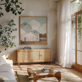 Barn Shadows Neutral by Julia Purinton. Shown in a natural wood frame in a cozy modern living room. Available as an archival giclee rolled canvas, fine art paper, or poster print. SKU 78757a.