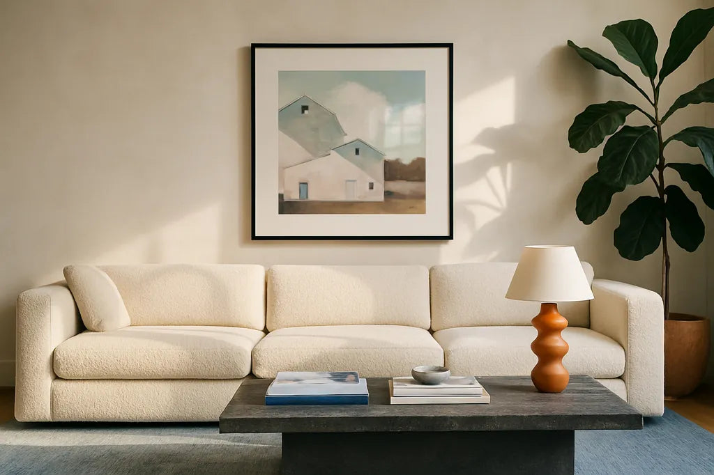 Barn Shadows Neutral by Julia Purinton. Displayed in a glass frame with matte in a clean modern living room. Available as an archival giclee rolled canvas, fine art paper, or poster print. SKU 78757a.