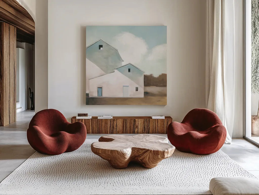 Barn Shadows Neutral by Julia Purinton. Shown as extra-large giant wall art in a modern living room. Available as an archival giclee rolled canvas, fine art paper, or poster print. SKU 78757a.